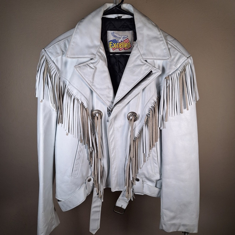 Excelled Vintage White Leather Fringe  Moto Jacket Concho Quilted Mens 44